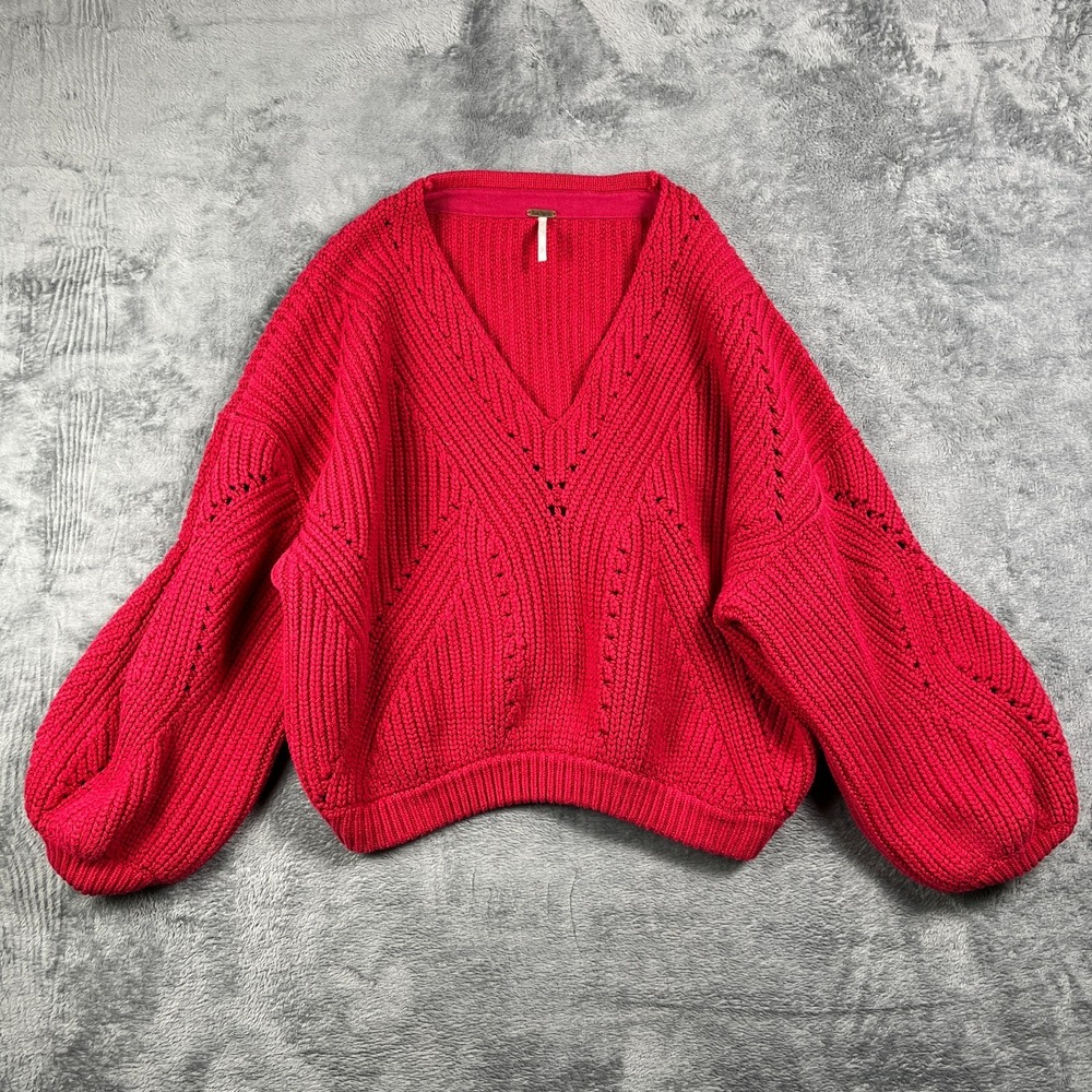 Free People All Day Long V Neck Sweater Womens Small Fuego Rosa Chunky Knit Rib